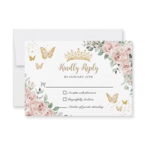 Dusty Pink Floral Butterflies Gold Quinceañera RSVP Card