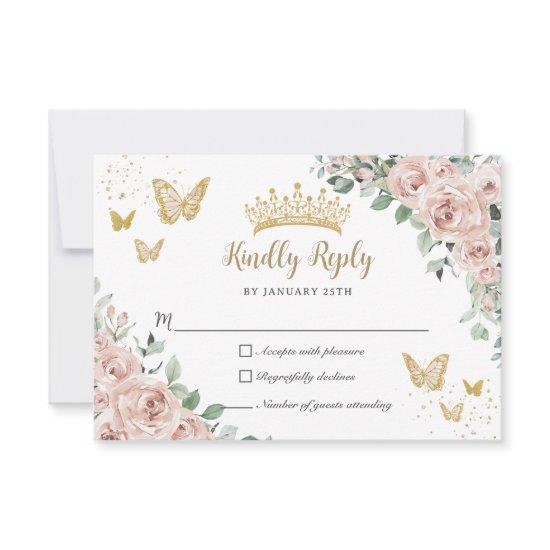 Dusty Pink Floral Butterflies Gold Quinceañera RSVP Card