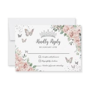 Dusty Pink Floral Butterflies Silver Quinceañera RSVP Card