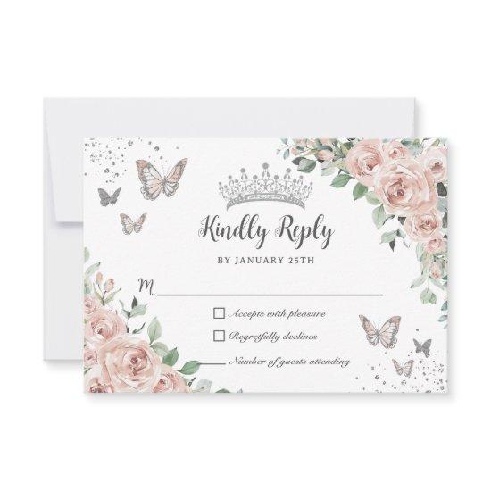 Dusty Pink Floral Butterflies Silver Quinceañera RSVP Card