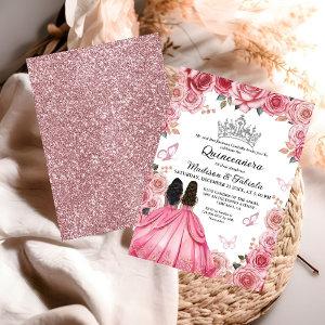 Dusty Pink Floral Butterfly Twin Girl Quinceanera