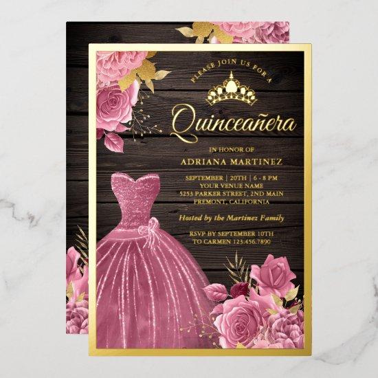 Dusty Pink Floral Gown Barn Wood Quinceanera Gold Foil