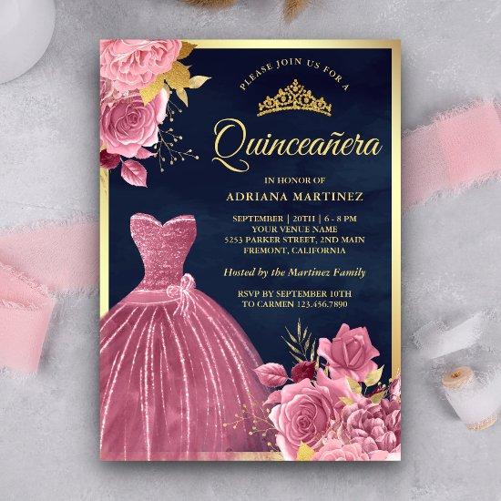 Dusty Pink Floral Gown Navy Blue Gold Quinceanera