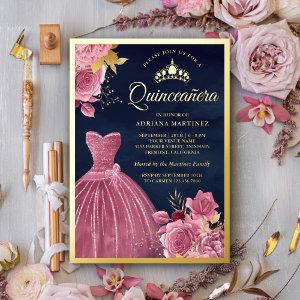 Dusty Pink Floral Gown Navy Blue Quinceanera Gold Foil