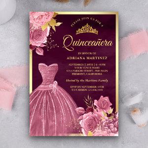 Dusty Pink Floral Gown Plum Gold Quinceanera