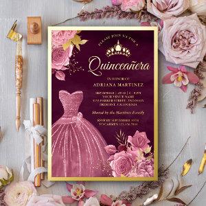 Dusty Pink Floral Gown Plum Quinceanera Gold Foil