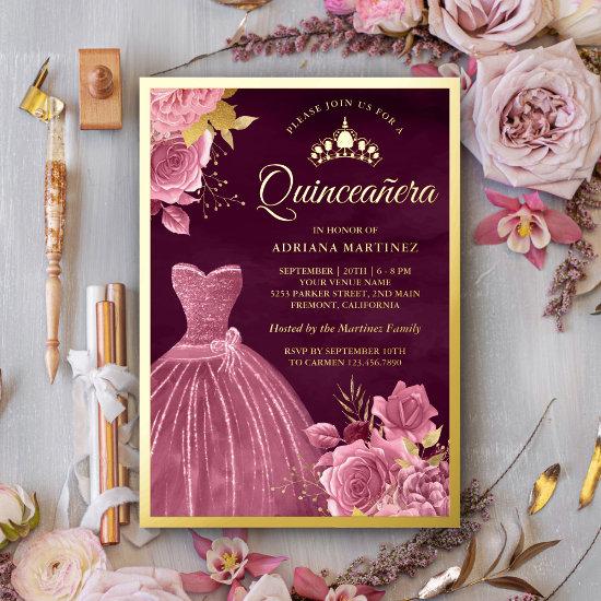 Dusty Pink Floral Gown Plum Quinceanera Gold Foil