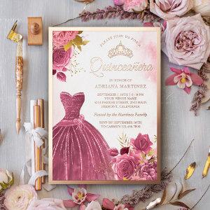 Dusty Pink Floral Gown Quinceanera Rose Gold Foil