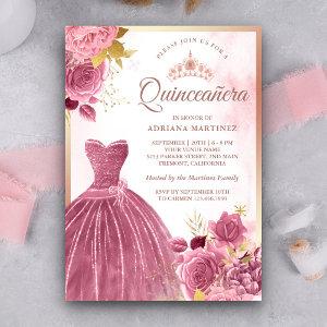Dusty Pink Floral Gown Rose Gold Quinceanera