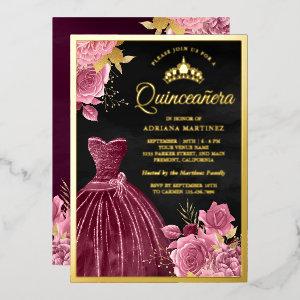 Dusty Pink Floral Plum Gown Black Quinceanera Gold Foil