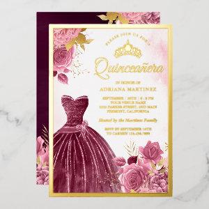Dusty Pink Floral Plum Gown Quinceanera Gold Foil