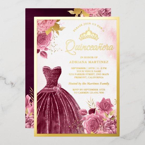 Dusty Pink Floral Plum Gown Quinceanera Gold Foil