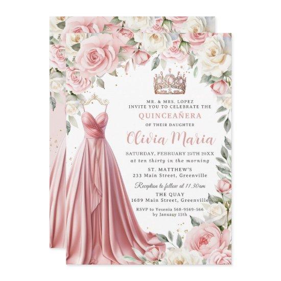 Dusty Pink Ivory Floral Dress Gown Quinceañera
