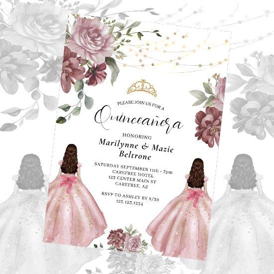 Dusty Pink Princess Floral Twins Quinceañera