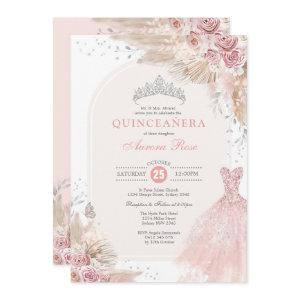 Dusty Pink Silver Boho Flower Quinceañera Dress