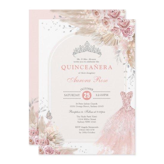Dusty Pink Silver Boho Flower Quinceañera Dress