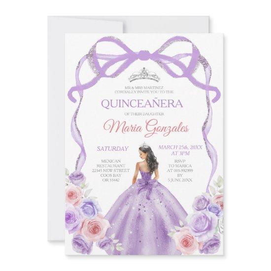 Dusty Purple Pink Bow Princess Silver Quinceañera