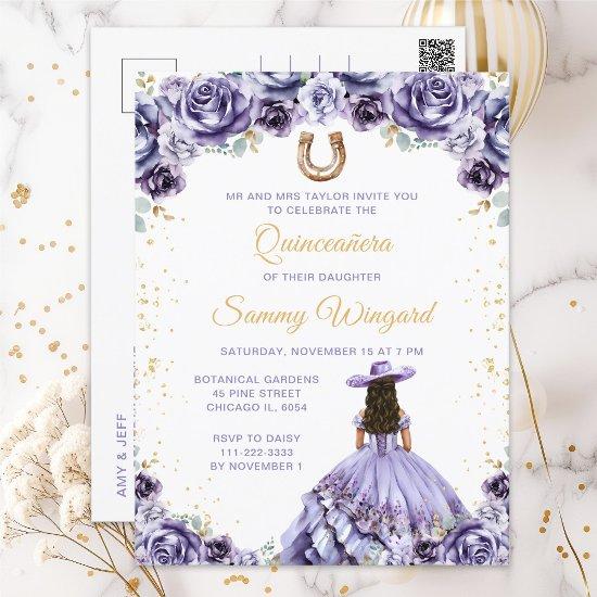 Dusty Purple Princess Floral Charro Quinceañera Postcard