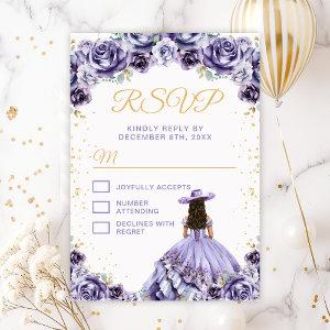 Dusty Purple Princess Floral Charro Quinceañera RSVP Card