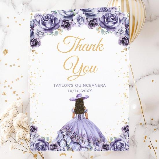 Dusty Purple Princess Floral Charro Quinceañera Thank You Card