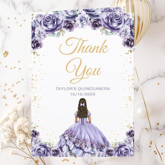 Dusty Purple Princess Floral Quinceañera Thank You Card
