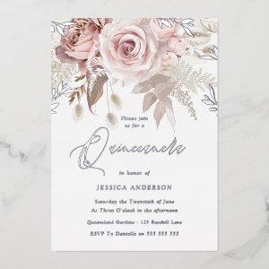 Dusty Rose & Blush Floral Quinceanera Silver Foil