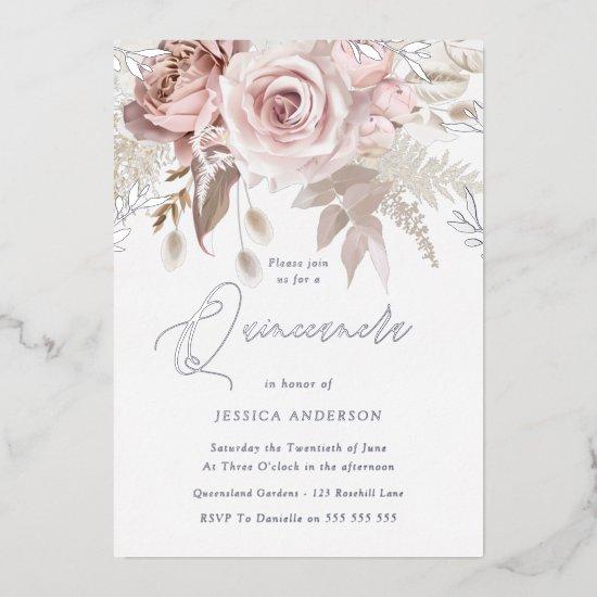 Dusty Rose & Blush Floral Quinceanera Silver Foil