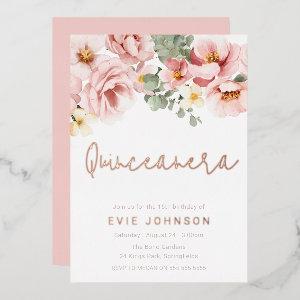 Dusty Rose Floral Quinceanera Party Rose Gold Foil