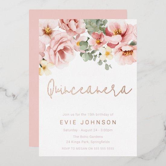 Dusty Rose Floral Quinceanera Party Rose Gold Foil
