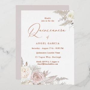 Dusty Rose & Ivory Floral Quinceanera Rose Gold Foil