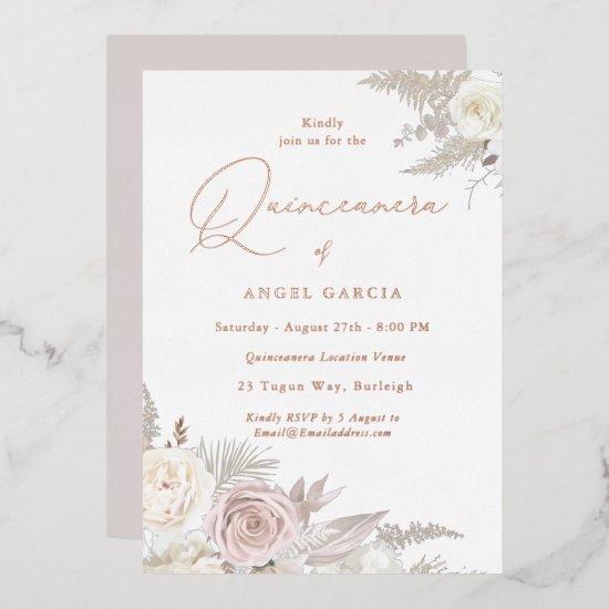 Dusty Rose & Ivory Floral Quinceanera Rose Gold Foil