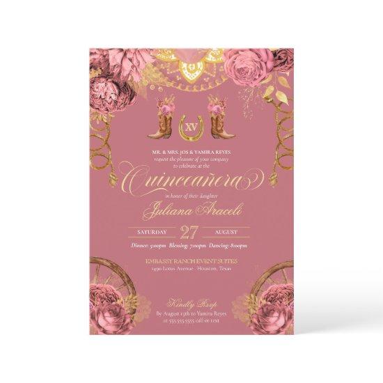 Dusty Rose Pink Gold Elegant Charro Quinceanera In