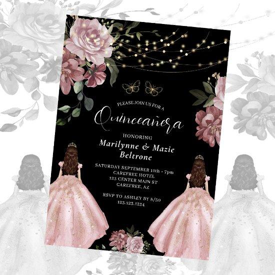 Dusty Rose Princess Floral Twins Quinceañera