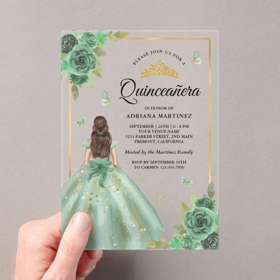 Dusty Sage Green Floral Butterfly Quinceanera Acrylic