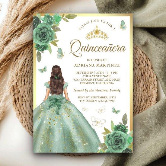 Dusty Sage Green Floral Butterfly Quinceanera