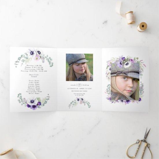 Dusty Violet Watercolor Floral Quinceañera Tri-Fold