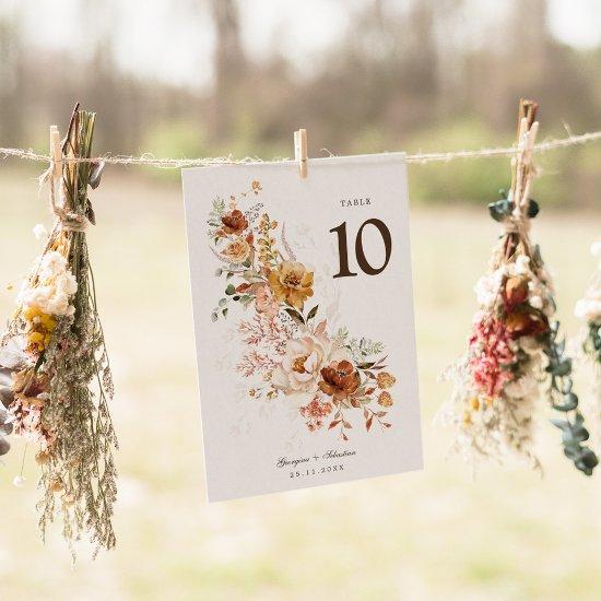 Earth Tone Wildflower Wedding Table Number Card