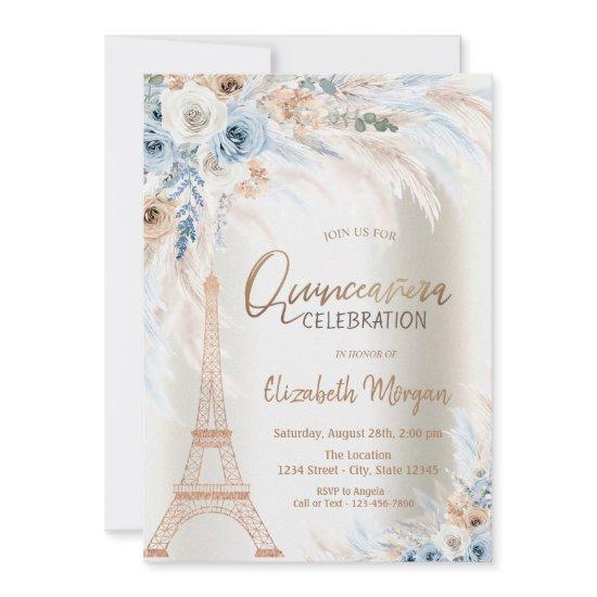 Eiffel Tower Blue Roses Pampas Grass Quinceanera