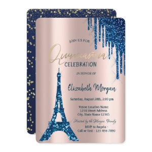 Eiffel Tower Confetti Drips Navy Blue Quinceañera