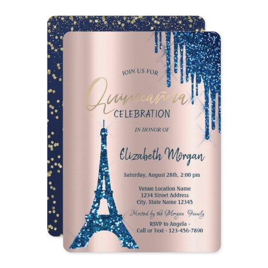 Eiffel Tower Confetti Drips Navy Blue Quinceañera