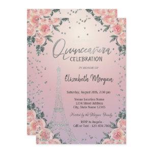 Eiffel Tower Diamonds Flowers Pink Quinceañera