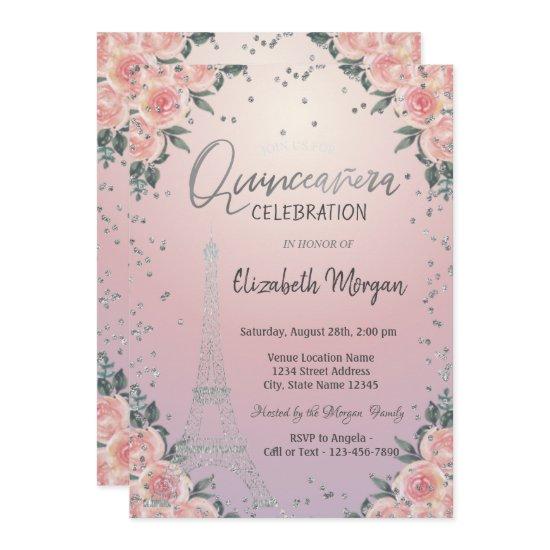 Eiffel Tower Diamonds Flowers Pink Quinceañera