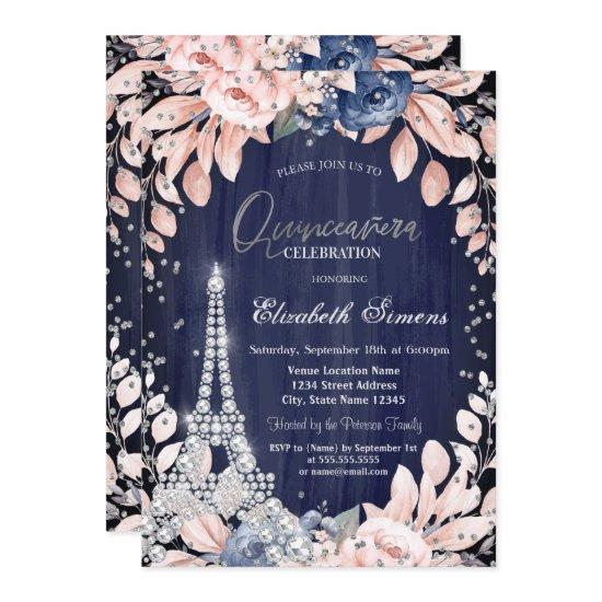 Eiffel Tower Diamonds Navy Blue Roses Quinceanera