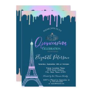 Eiffel Tower,Rainbow Drips Blue Quinceañera