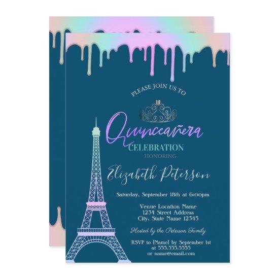 Eiffel Tower,Rainbow Drips Blue Quinceañera