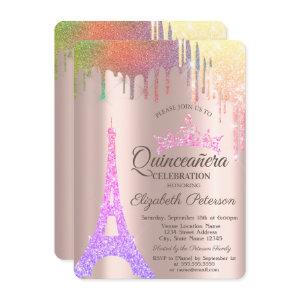 Eiffel Tower,Rainbow Drips Rose Gold Quinceañera
