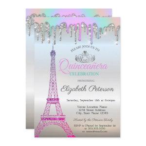 Eiffel Tower,Rainbow Drips Silver Quinceañera