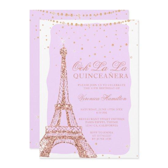 Eiffel tower rose gold glitter purple quinceanera