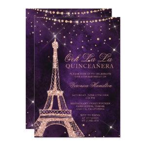 Eiffel tower rose gold glitter purple quinceanera