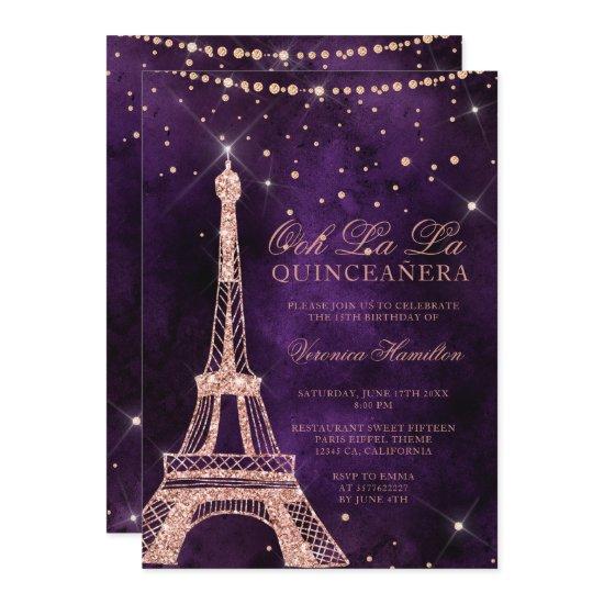 Eiffel tower rose gold glitter purple quinceanera